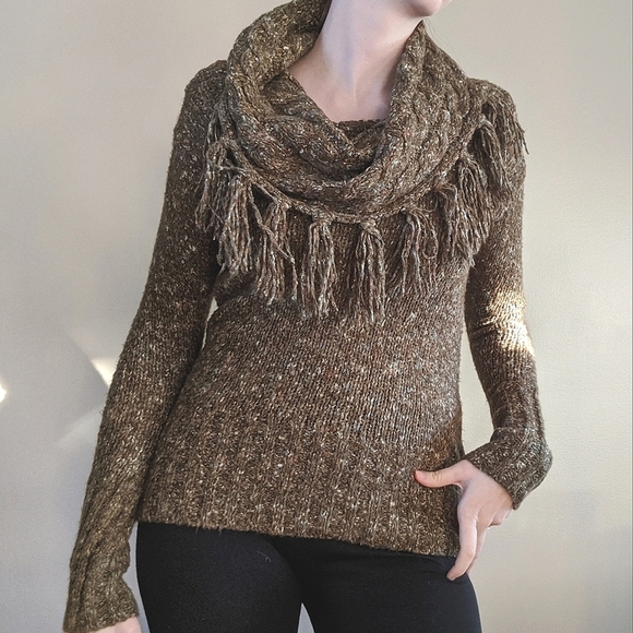 Kensie Sweaters - Kensie Green Tweed Cowl Neck Knit Tassel Sweater